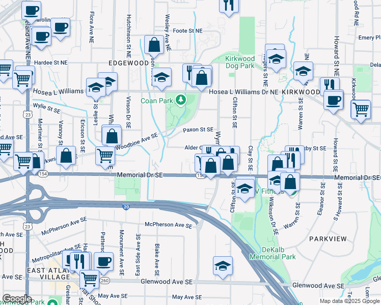 map of restaurants, bars, coffee shops, grocery stores, and more near 1591 Alder Court Southeast in Atlanta