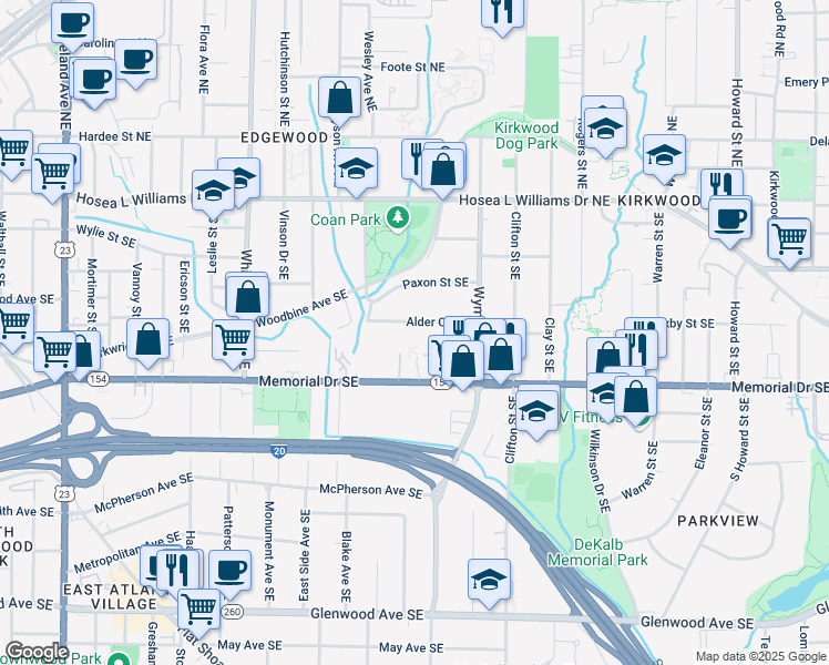 map of restaurants, bars, coffee shops, grocery stores, and more near 1587 Alder Court Southeast in Atlanta