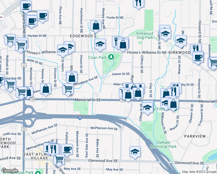 map of restaurants, bars, coffee shops, grocery stores, and more near 1557 Alder Court Southeast in Atlanta
