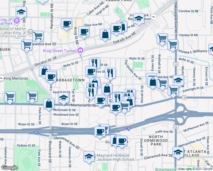 map of restaurants, bars, coffee shops, grocery stores, and more near 215 Chester Avenue Southeast in Atlanta