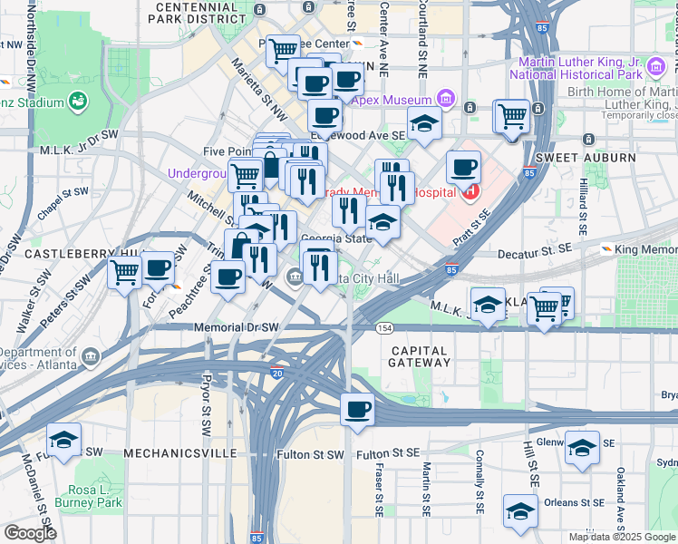 map of restaurants, bars, coffee shops, grocery stores, and more near 40 Capitol Square Southwest in Atlanta
