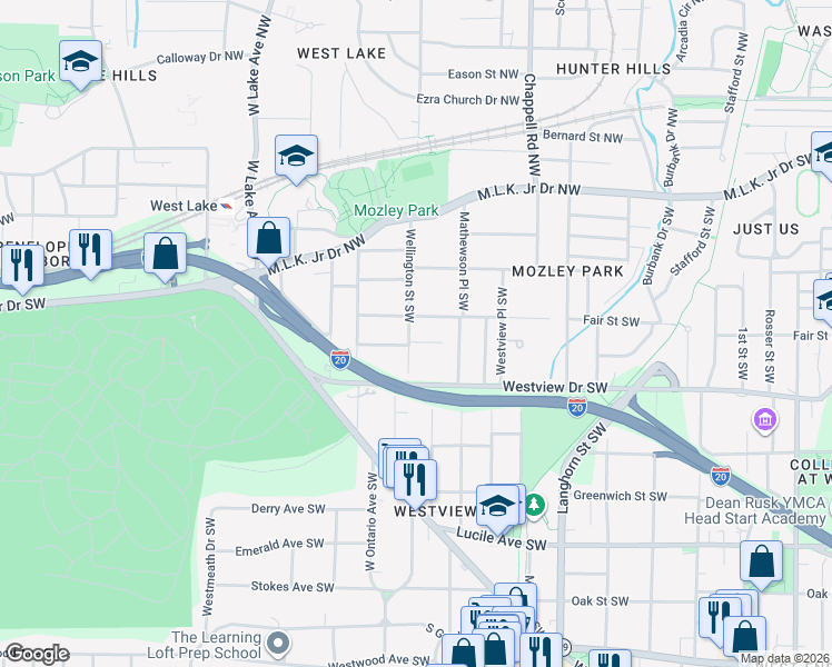 map of restaurants, bars, coffee shops, grocery stores, and more near 224 Wellington Street Southwest in Atlanta