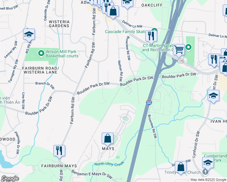 map of restaurants, bars, coffee shops, grocery stores, and more near 3494 Boulder Park Drive Southwest in Atlanta