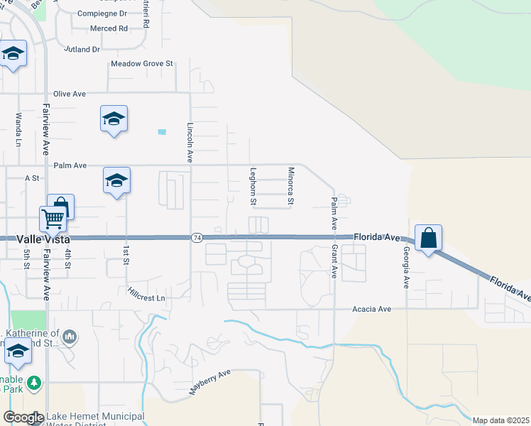 map of restaurants, bars, coffee shops, grocery stores, and more near 44755 Orpington Avenue in Hemet