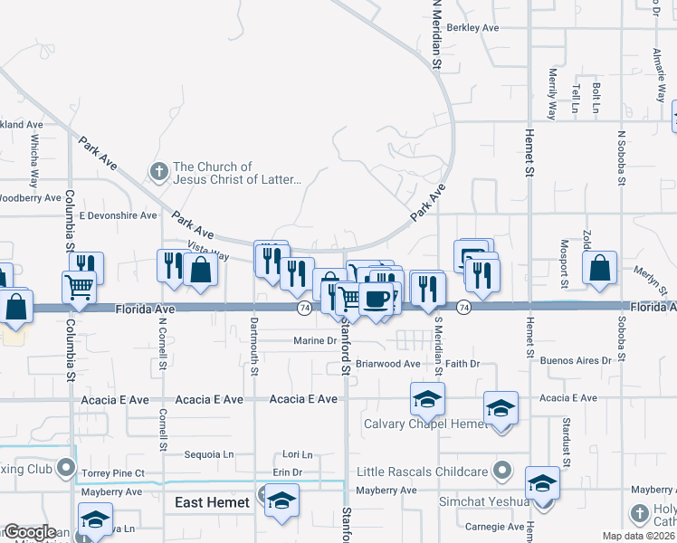 map of restaurants, bars, coffee shops, grocery stores, and more near 177 North Stanford Street in Hemet