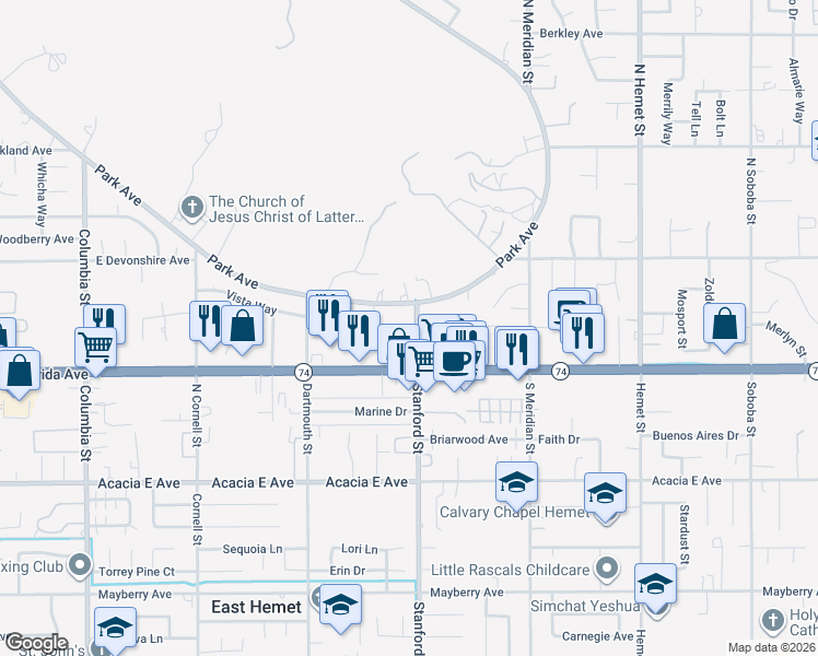 map of restaurants, bars, coffee shops, grocery stores, and more near 140 Stanford Street in Hemet