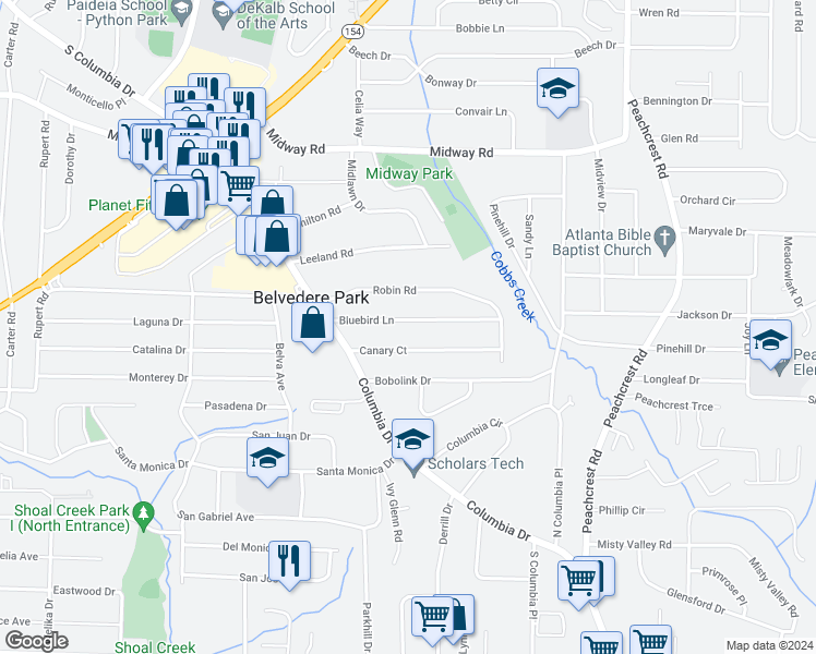map of restaurants, bars, coffee shops, grocery stores, and more near 3169 Bluebird Lane in Decatur