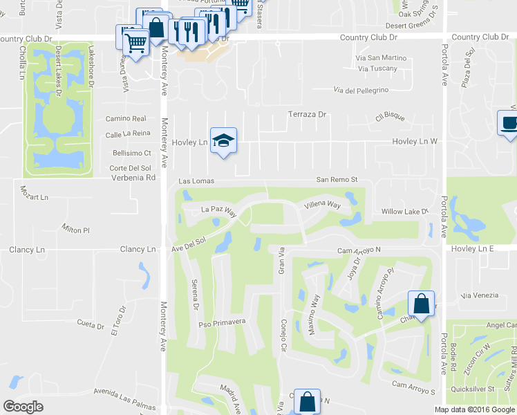 map of restaurants, bars, coffee shops, grocery stores, and more near 275 Ave Del Sol in Palm Desert