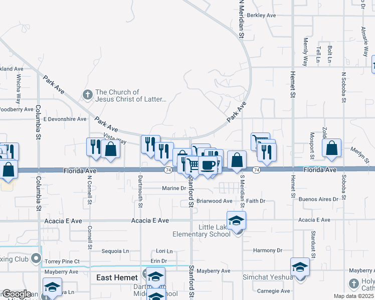 map of restaurants, bars, coffee shops, grocery stores, and more near 177 North Stanford Street in Hemet