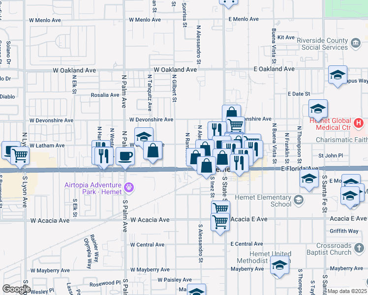 map of restaurants, bars, coffee shops, grocery stores, and more near 403 West Latham Avenue in Hemet