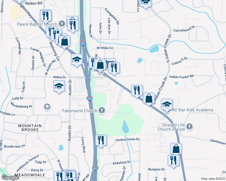 map of restaurants, bars, coffee shops, grocery stores, and more near 1520 Vernon Boulevard in Decatur
