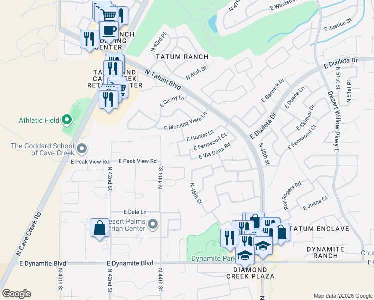 map of restaurants, bars, coffee shops, grocery stores, and more near 29022 North 45th Street in Cave Creek
