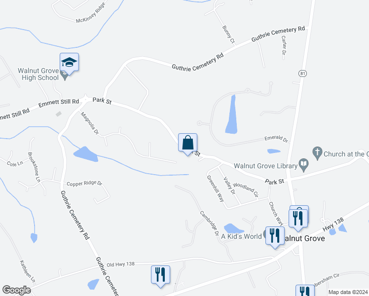 map of restaurants, bars, coffee shops, grocery stores, and more near 1030 Park Street in Walnut Grove