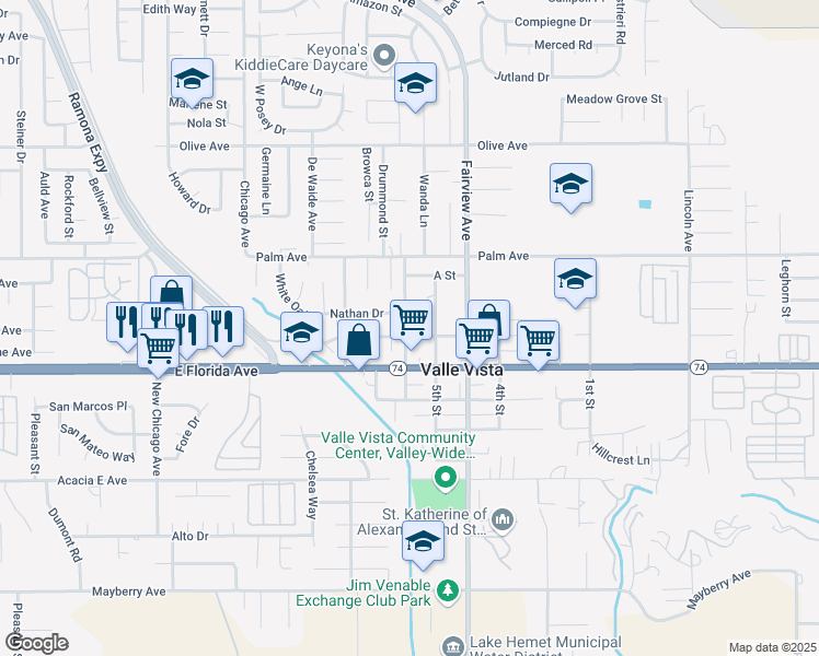 map of restaurants, bars, coffee shops, grocery stores, and more near 43888 C Street in Hemet