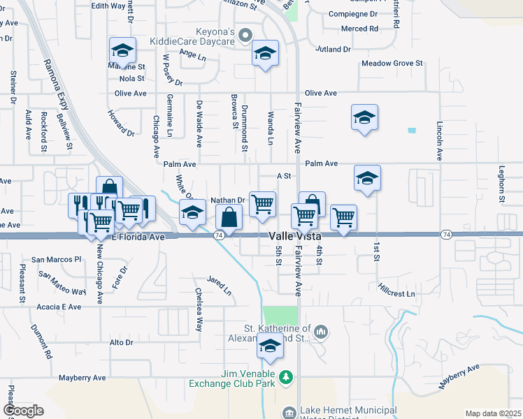 map of restaurants, bars, coffee shops, grocery stores, and more near 43888 C Street in Hemet