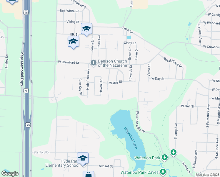 map of restaurants, bars, coffee shops, grocery stores, and more near 808 Holland Drive in Denison