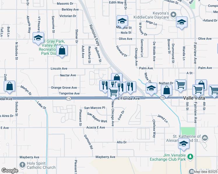 map of restaurants, bars, coffee shops, grocery stores, and more near 43275 Hacienda Street in Hemet