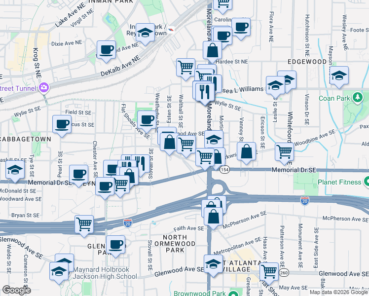map of restaurants, bars, coffee shops, grocery stores, and more near 187 Cleveland Street Southeast in Atlanta