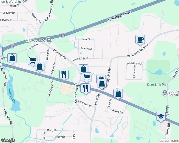 map of restaurants, bars, coffee shops, grocery stores, and more near 3717 Sullivan Drive in Douglasville