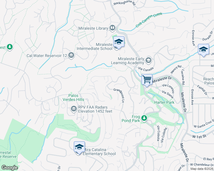 map of restaurants, bars, coffee shops, grocery stores, and more near Grandpoint Lane & Highpoint Road in Rancho Palos Verdes