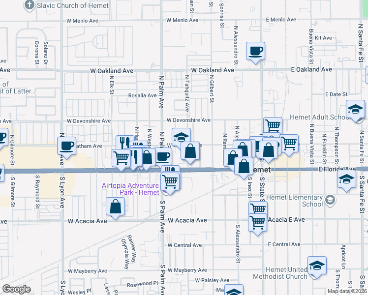 map of restaurants, bars, coffee shops, grocery stores, and more near 175 North Tahquitz Avenue in Hemet