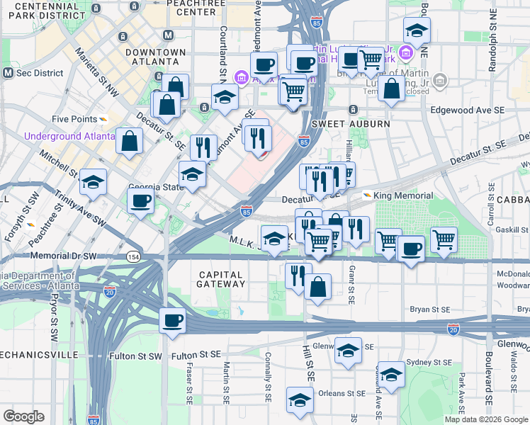 map of restaurants, bars, coffee shops, grocery stores, and more near 236 Martin Luther King Junior Drive Southeast in Atlanta