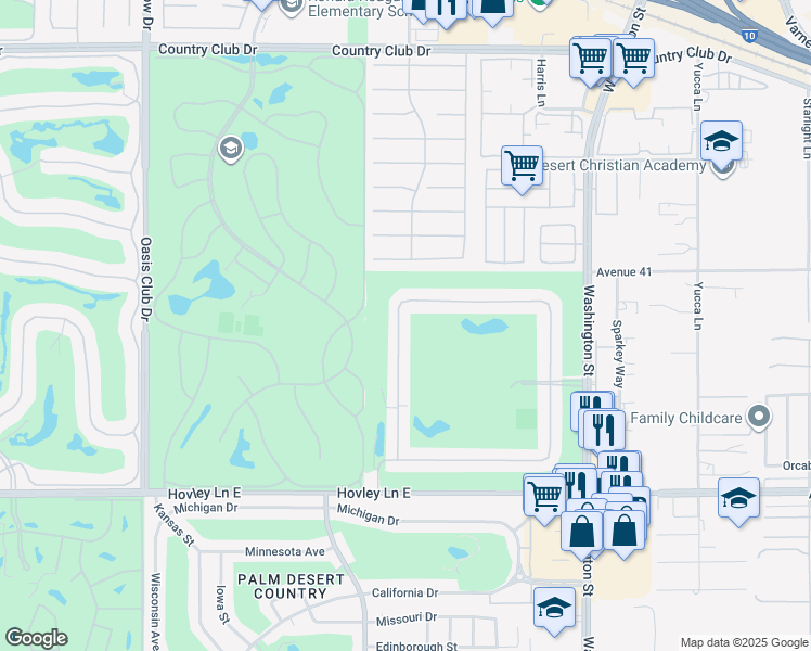 map of restaurants, bars, coffee shops, grocery stores, and more near 41329 Woodhaven Drive North in Palm Desert