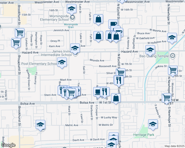 map of restaurants, bars, coffee shops, grocery stores, and more near 5522 Silver Drive in Santa Ana