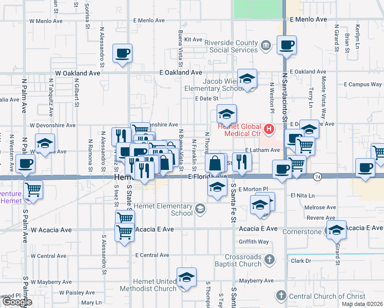 map of restaurants, bars, coffee shops, grocery stores, and more near 529 East Latham Avenue in Hemet