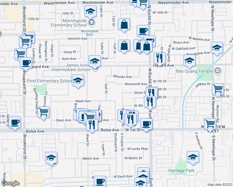 map of restaurants, bars, coffee shops, grocery stores, and more near 10731 Mast Avenue in Garden Grove
