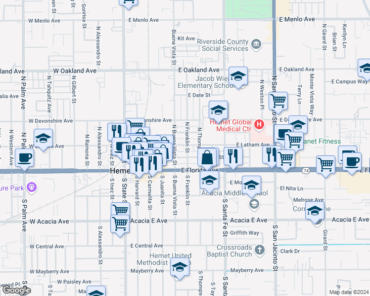 map of restaurants, bars, coffee shops, grocery stores, and more near 529 East Latham Avenue in Hemet