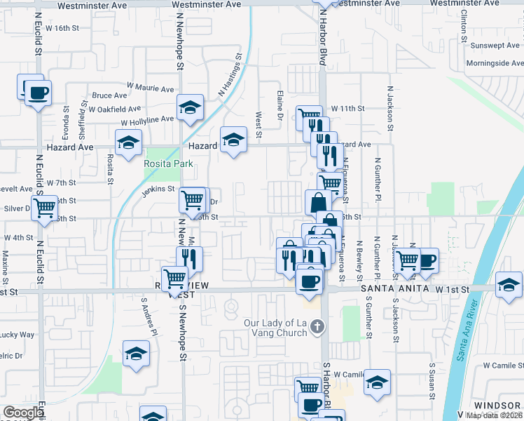 map of restaurants, bars, coffee shops, grocery stores, and more near 4109 West 5th Street in Santa Ana