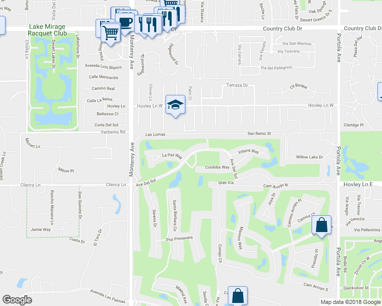 map of restaurants, bars, coffee shops, grocery stores, and more near 280 Avenue Del Sol in Palm Desert
