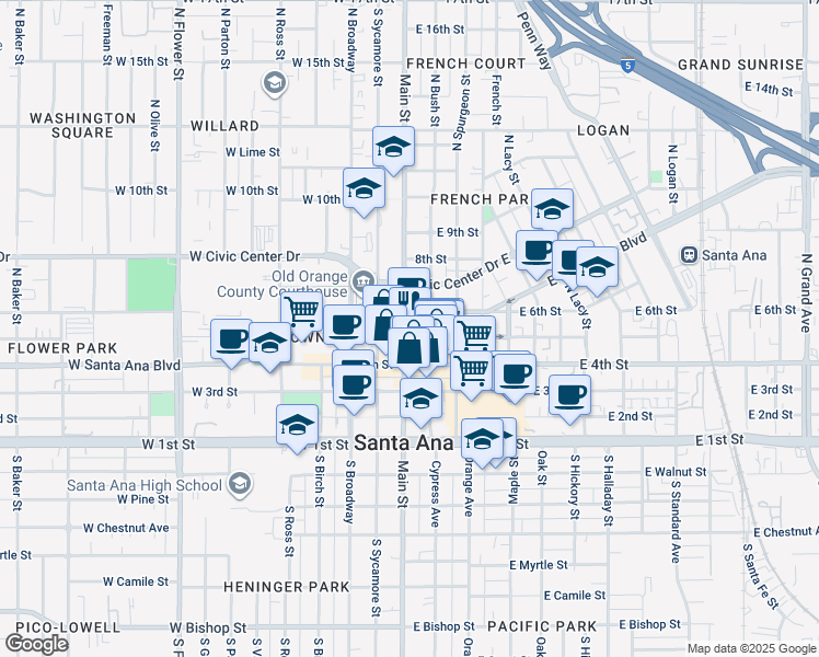 map of restaurants, bars, coffee shops, grocery stores, and more near 421 North Main Street in Santa Ana