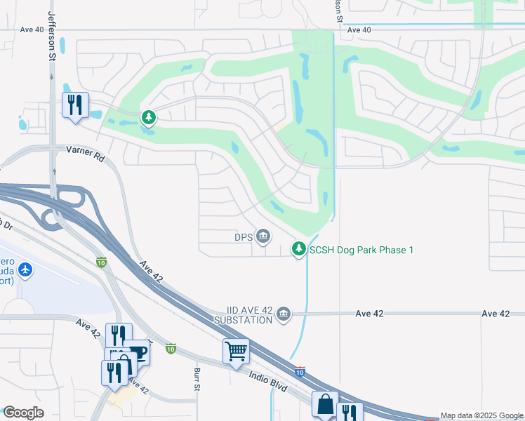 map of restaurants, bars, coffee shops, grocery stores, and more near 80773 Camino Santa Elise in Indio