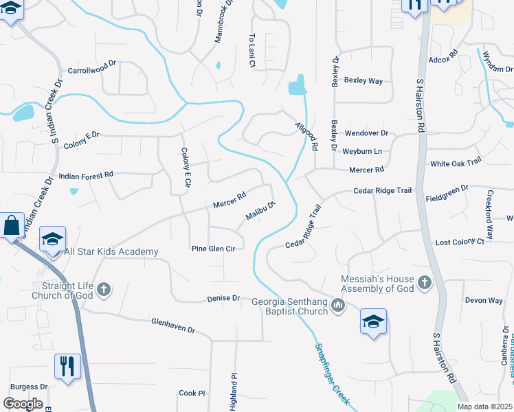 map of restaurants, bars, coffee shops, grocery stores, and more near 4460 Malibu Drive in Decatur