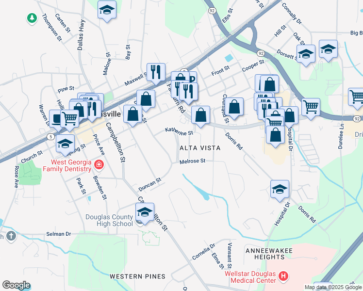 map of restaurants, bars, coffee shops, grocery stores, and more near 8482 Dawn Avenue in Douglasville