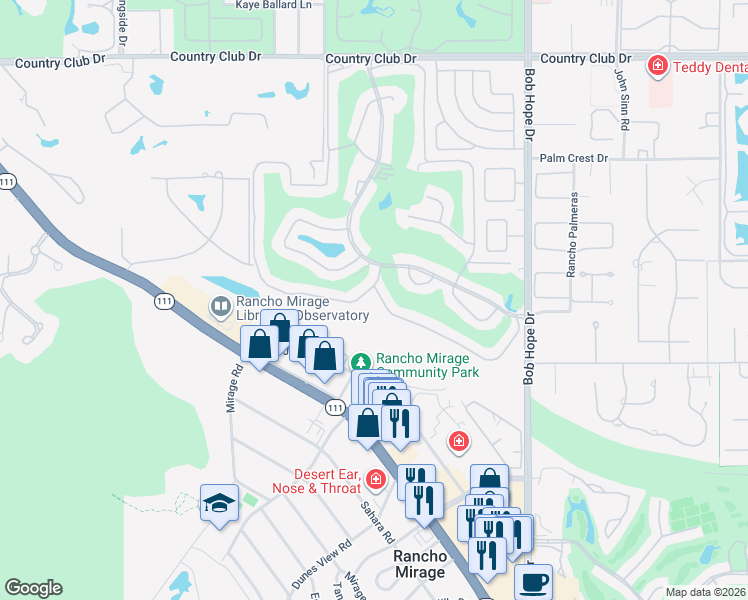 map of restaurants, bars, coffee shops, grocery stores, and more near 77 Majorca Drive in Rancho Mirage