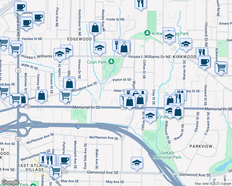 map of restaurants, bars, coffee shops, grocery stores, and more near 1587 Alder Court Southeast in Atlanta