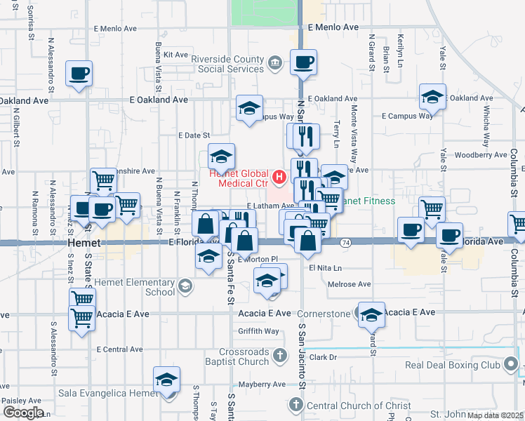 map of restaurants, bars, coffee shops, grocery stores, and more near 1031 East Latham Avenue in Hemet