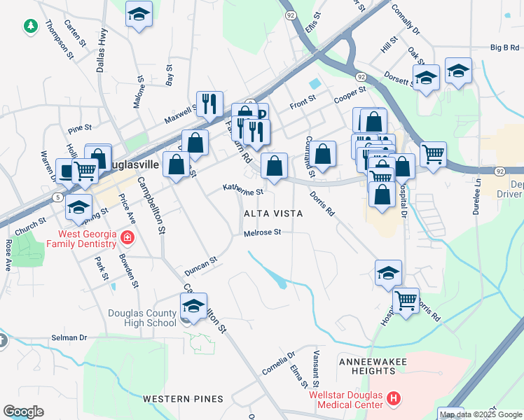 map of restaurants, bars, coffee shops, grocery stores, and more near 8482 Fairview Drive in Douglasville