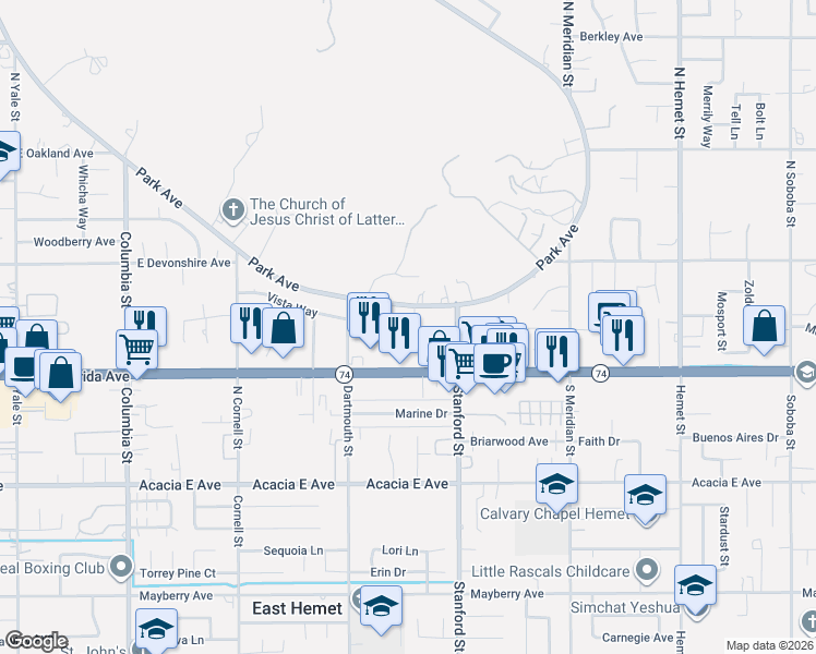 map of restaurants, bars, coffee shops, grocery stores, and more near in Hemet