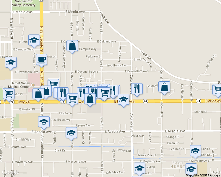 map of restaurants, bars, coffee shops, grocery stores, and more near 2164 East Florida Avenue in Hemet