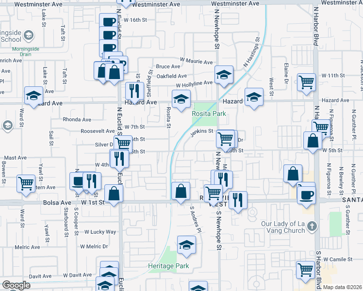map of restaurants, bars, coffee shops, grocery stores, and more near 4706 West 5th Street in Santa Ana