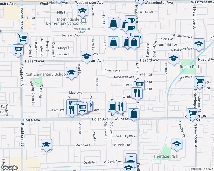 map of restaurants, bars, coffee shops, grocery stores, and more near 10731 Mast Avenue in Garden Grove