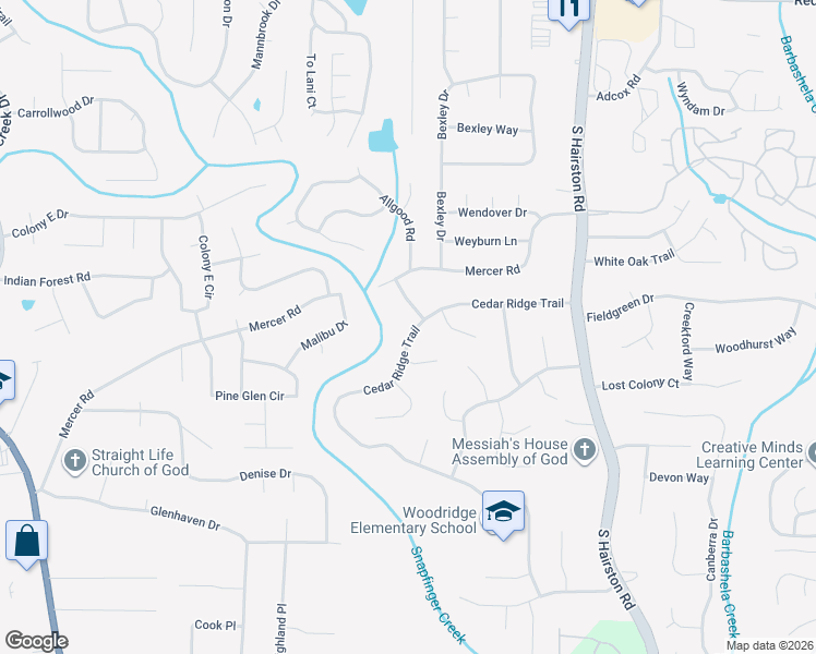 map of restaurants, bars, coffee shops, grocery stores, and more near 4526 Cedar Ridge Trail in Stone Mountain