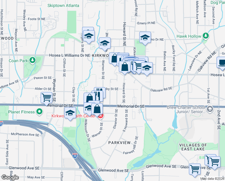 map of restaurants, bars, coffee shops, grocery stores, and more near 163 Campbell Street Southeast in Atlanta