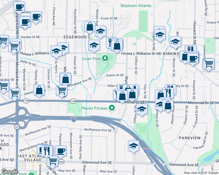 map of restaurants, bars, coffee shops, grocery stores, and more near 1580 Dixie Street Southeast in Atlanta