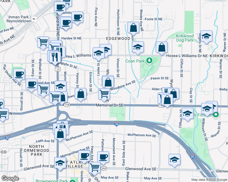 map of restaurants, bars, coffee shops, grocery stores, and more near 154 Whitefoord Avenue Southeast in Atlanta