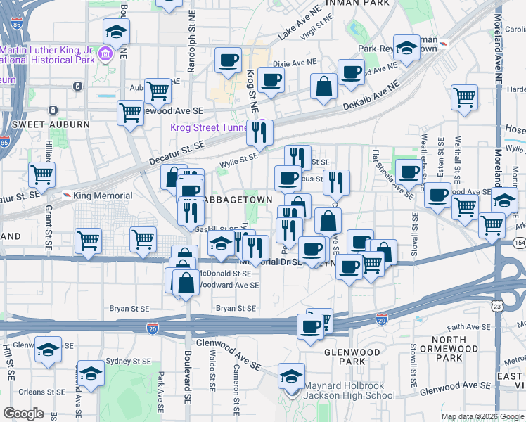 map of restaurants, bars, coffee shops, grocery stores, and more near 218 Estoria Street Southeast in Atlanta